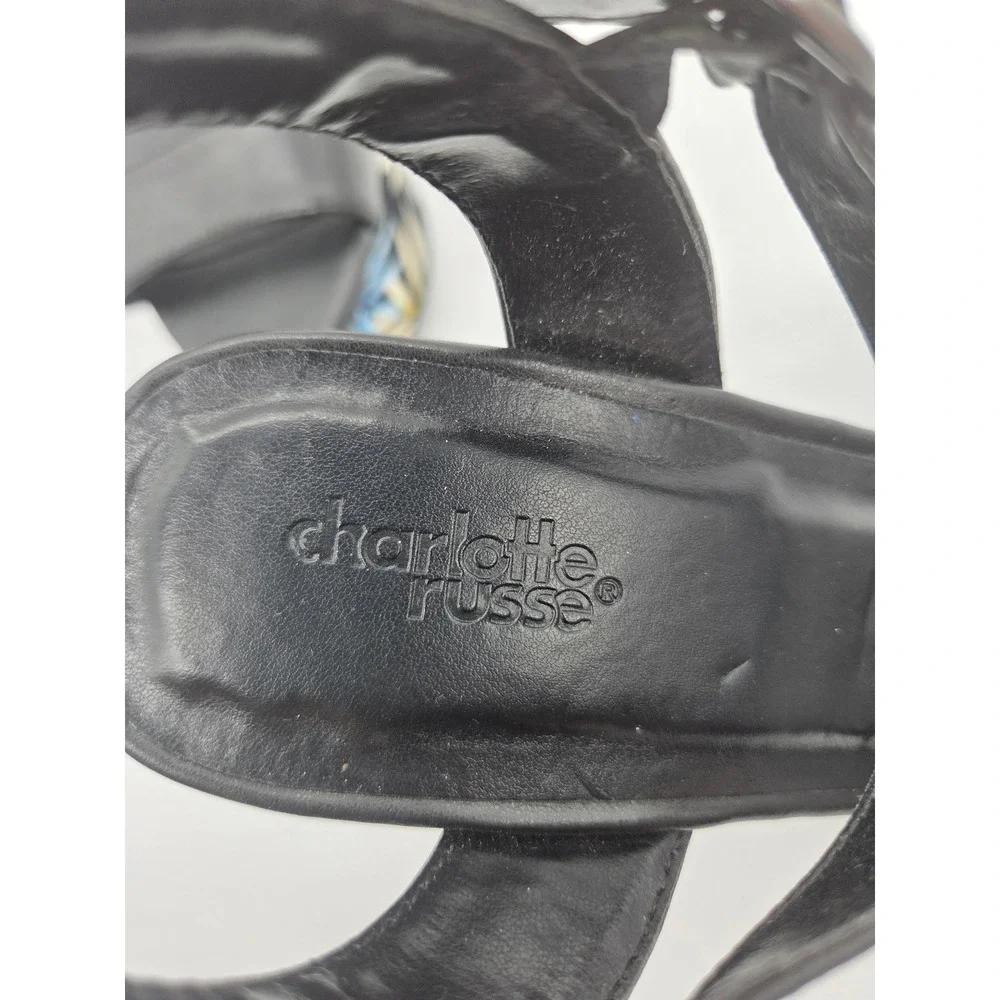 Charlotte Russe‎ Wedge Sandals 7 Black Womens Tropical Palm Leaf Platform Heels